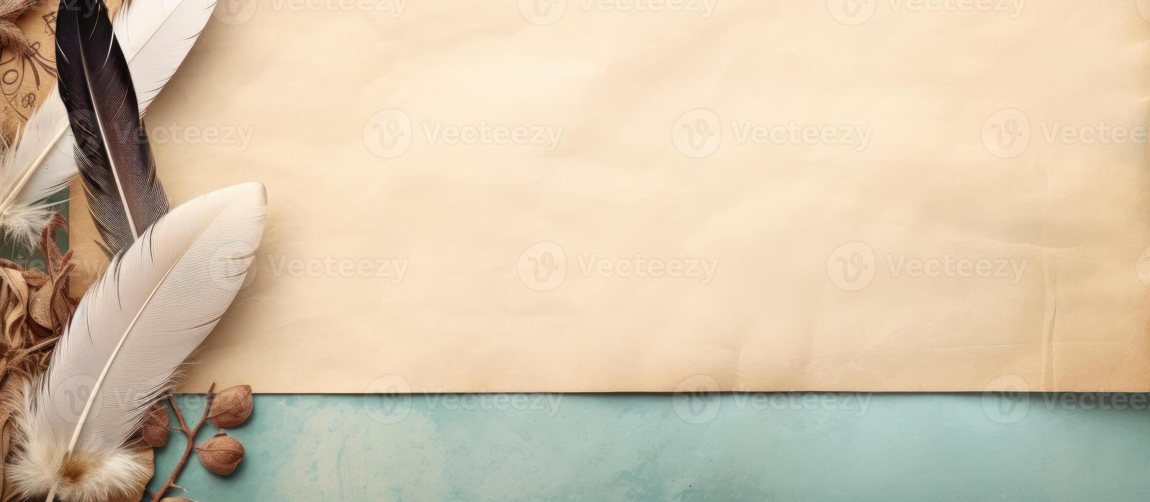 A piece of parchment paper with feathers on it created with technology photo