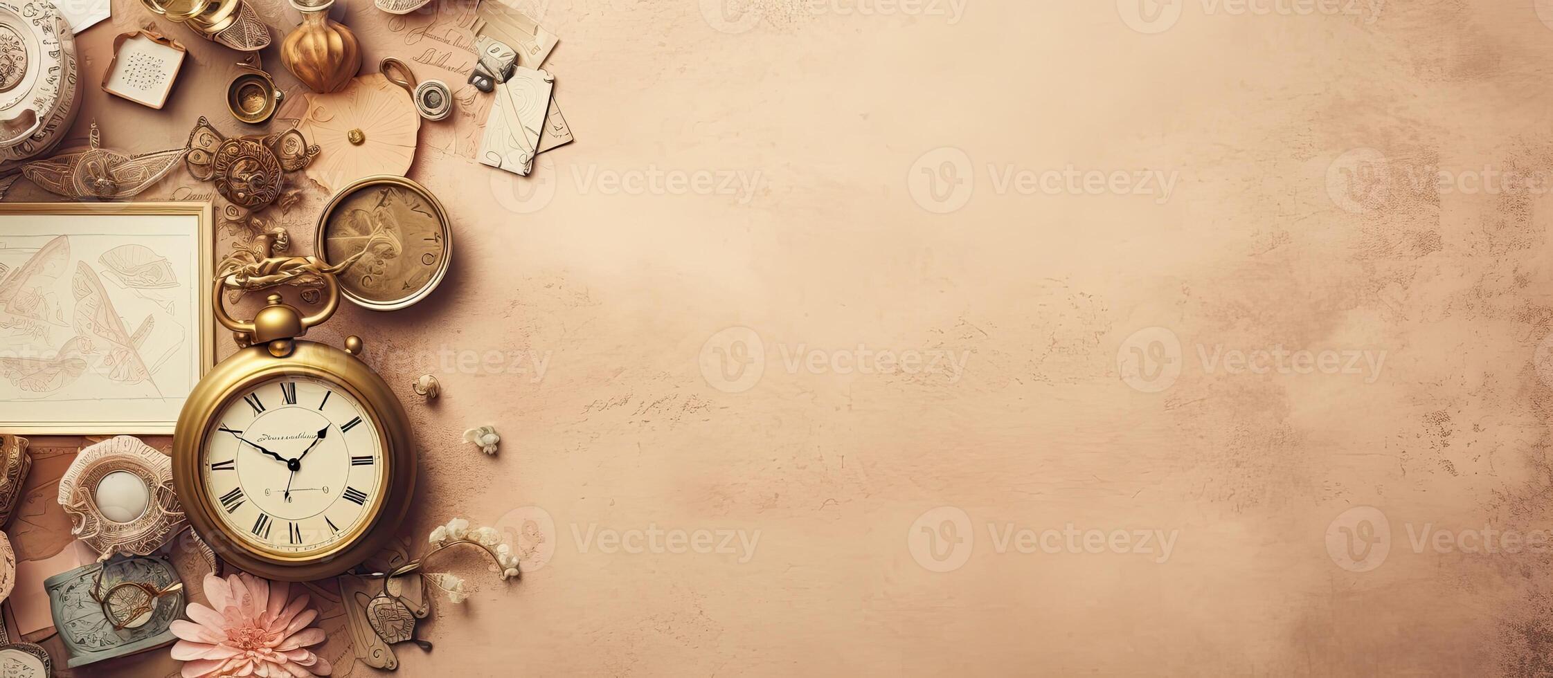A wall with a clock and other items on it created with technology photo