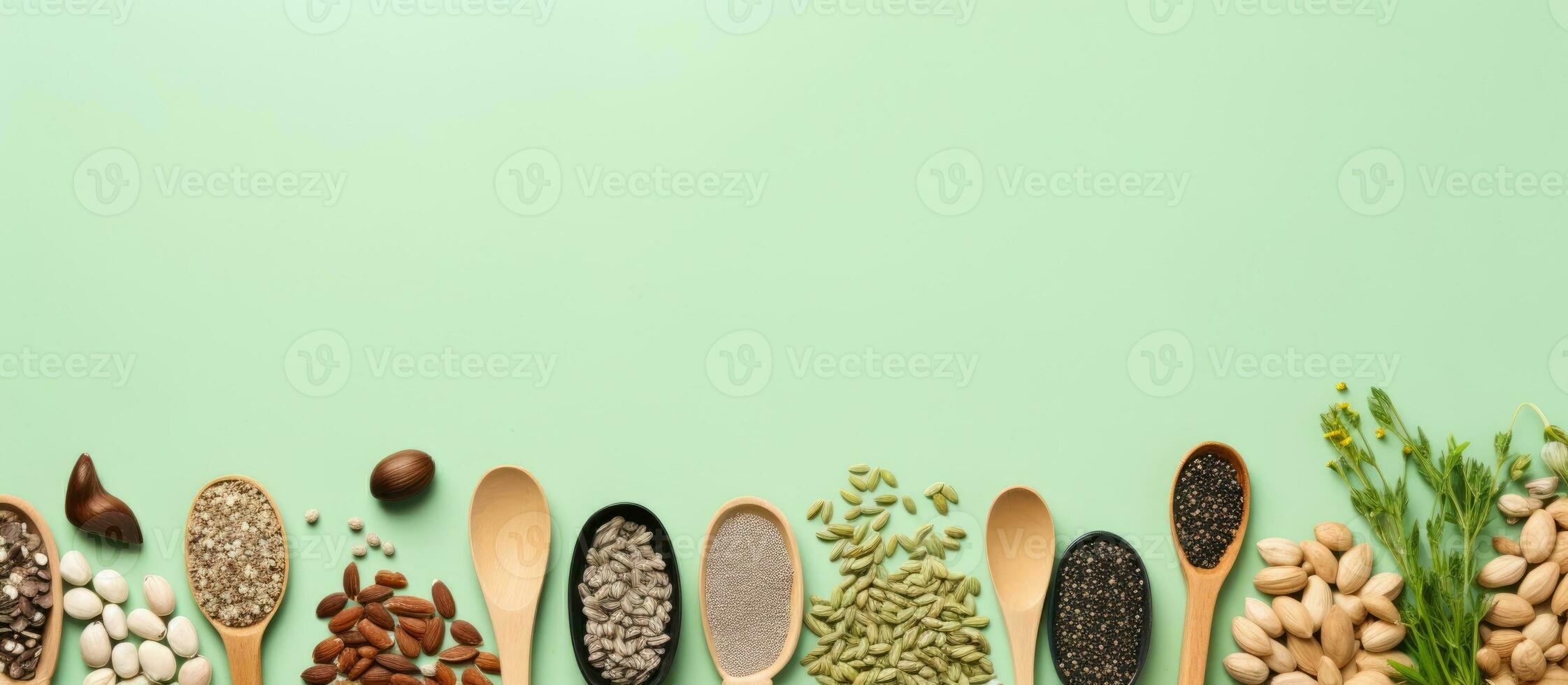 un fila de cucharas lleno con diferente tipos de semillas creado con generativo ai tecnología foto
