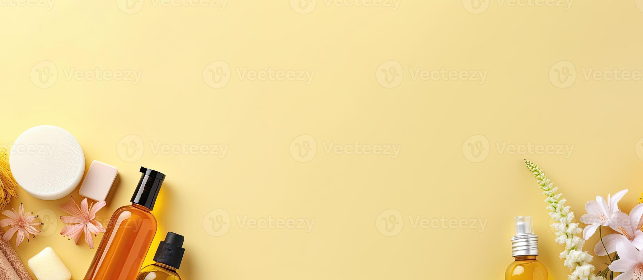 An overhead view of cosmetics and flowers on a yellow background created with technology photo