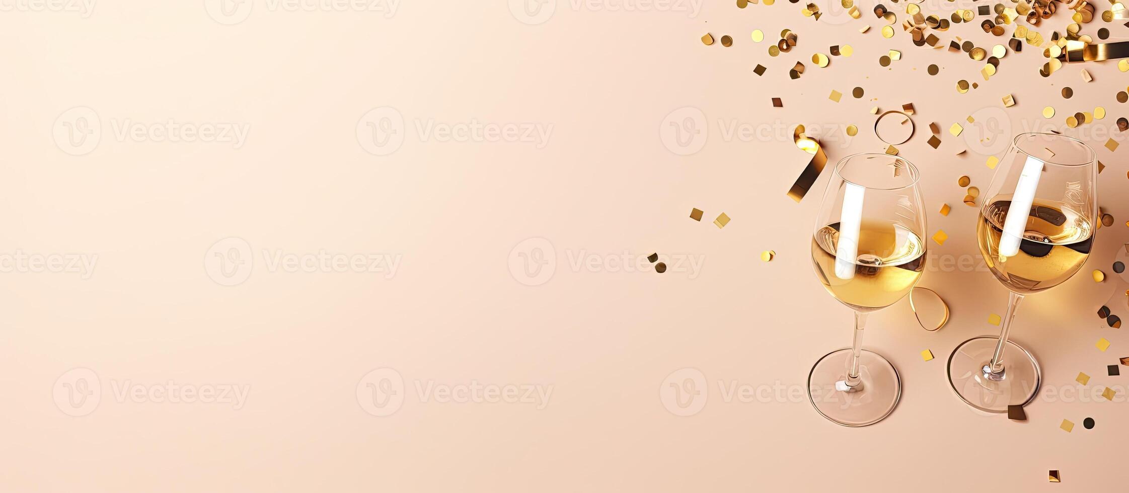 Two glasses of champagne with confetti and streamers created with technology photo