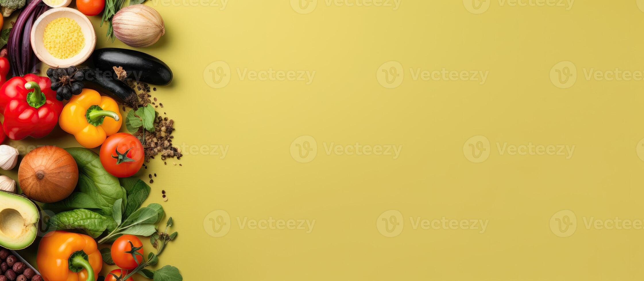 A bunch of different types of vegetables on a yellow background created with technology photo