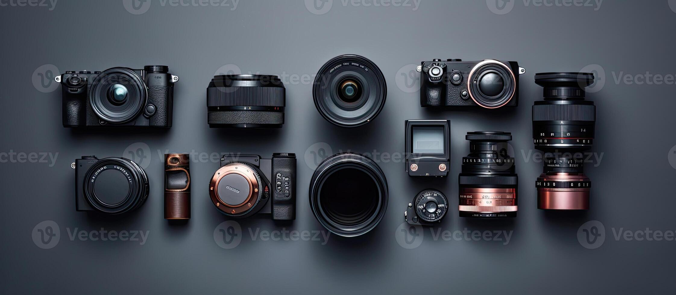 A group of cameras sitting on top of a table created with Generative AI technology photo