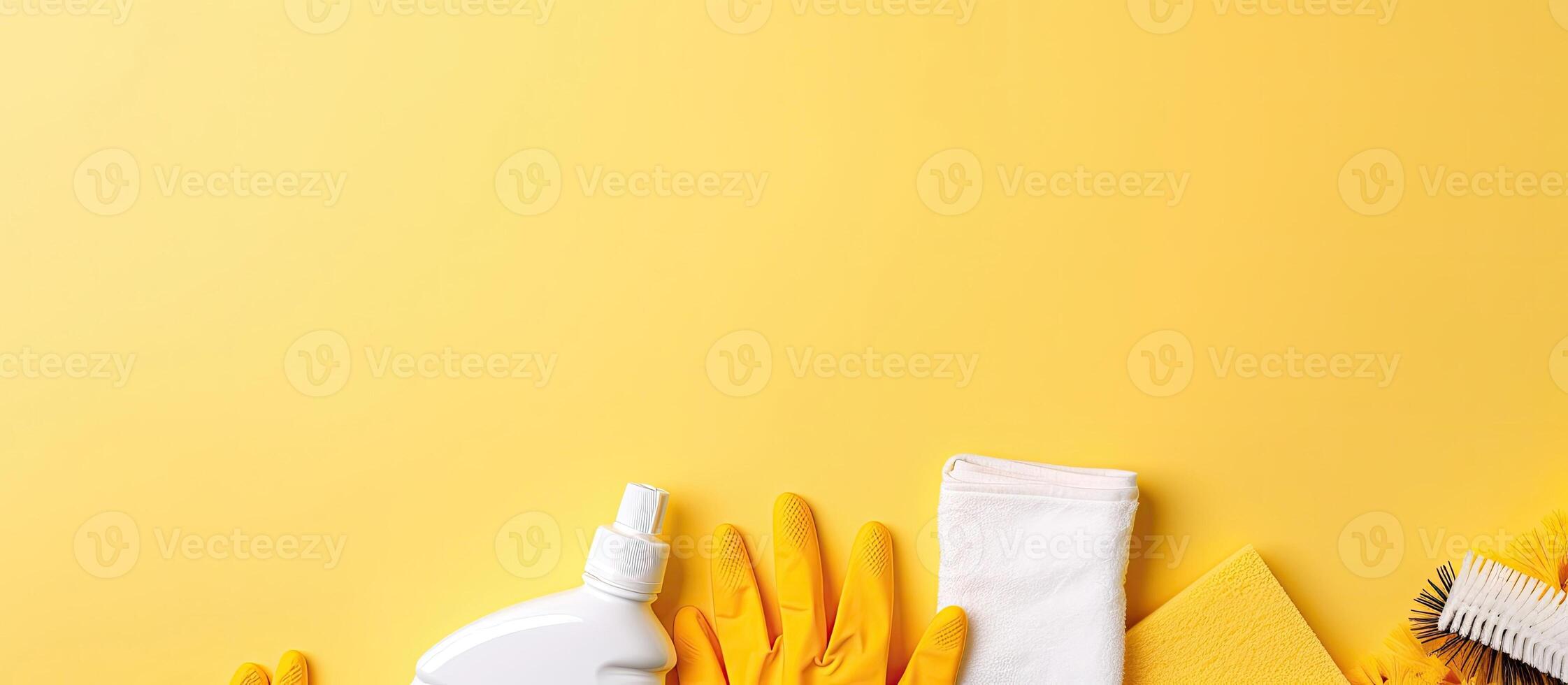 A yellow background with cleaning supplies and a brush created with technology photo