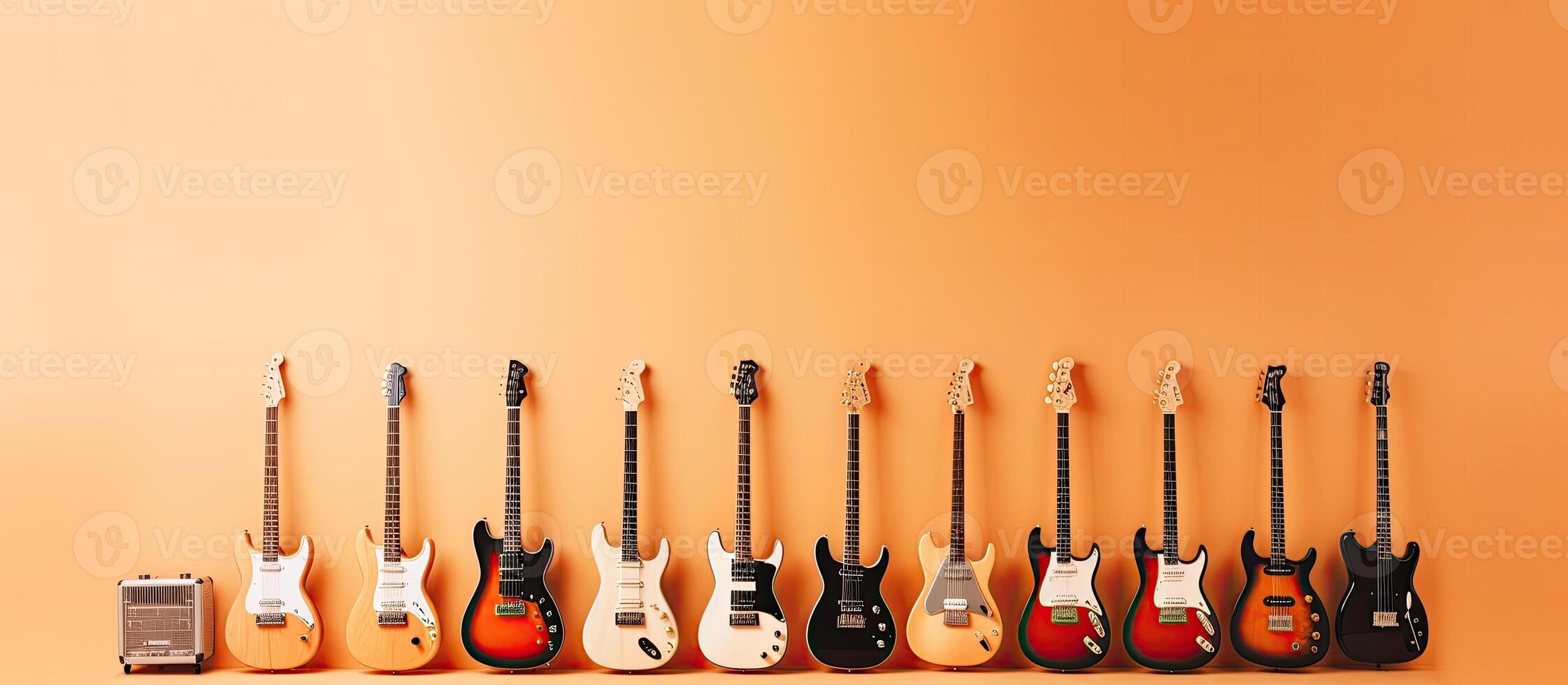 A row of electric guitars lined up against an orange background created with Generative AI technology photo