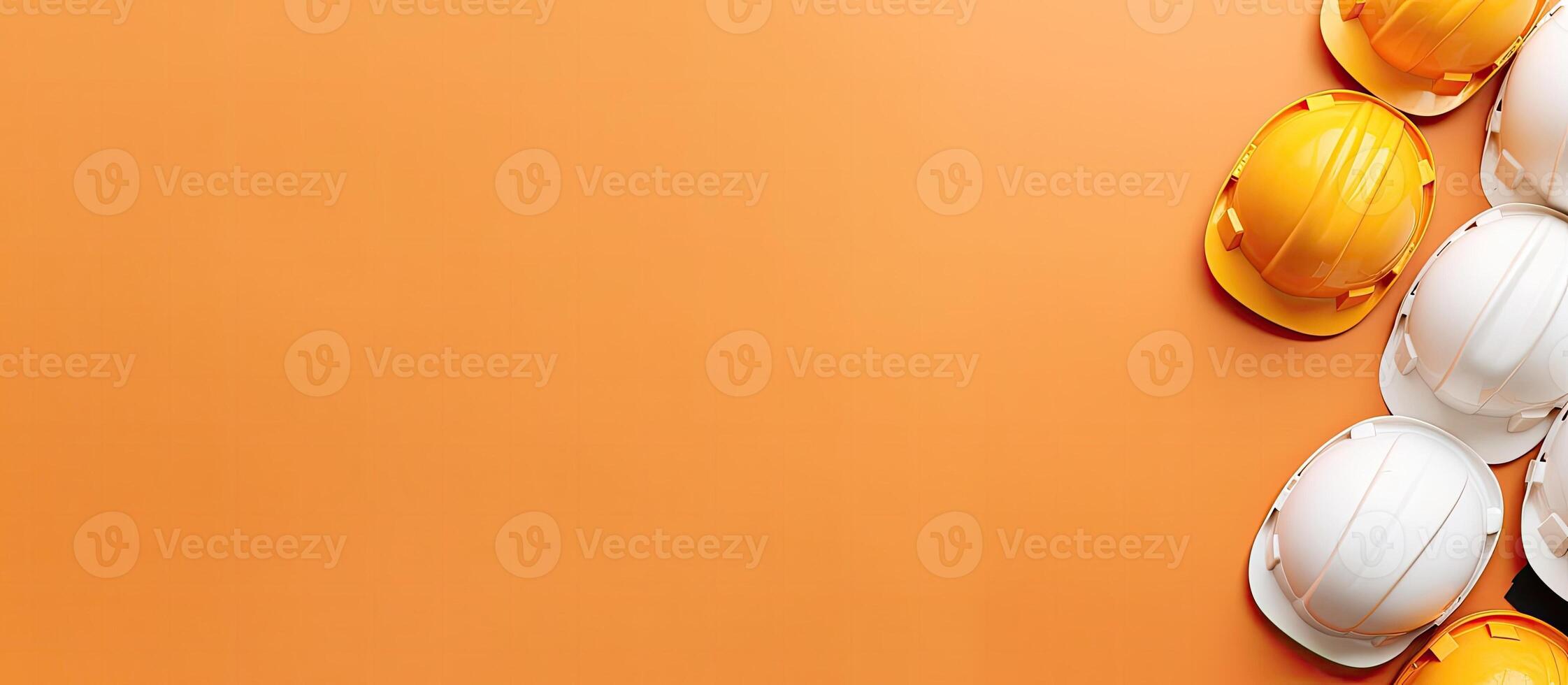 A group of hard hats on an orange background created with technology photo