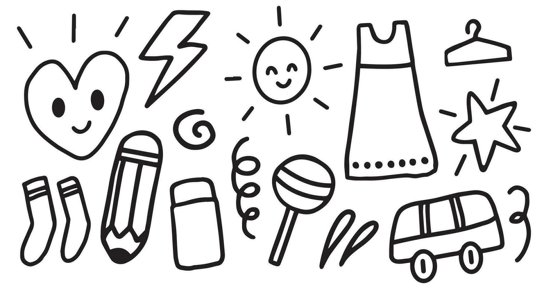 Set of doodle hand drawn. Elements of star, cat, cloud, sun, dress, umbrella, heart etc. vector