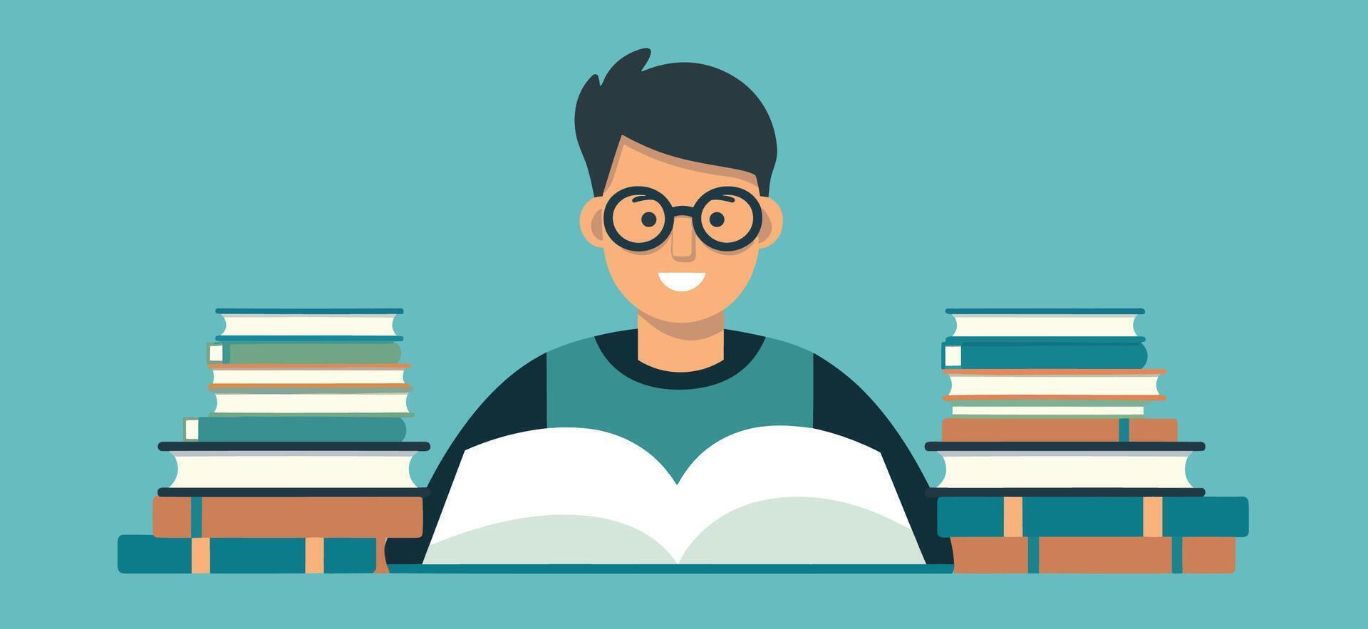 of a man reading a book surrounded by books vector