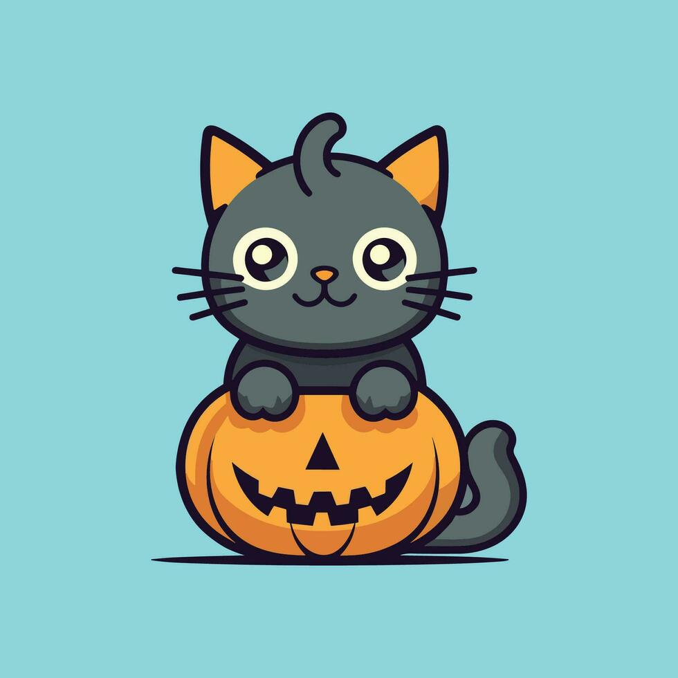 Grey cat on a halloween pumpkin vector