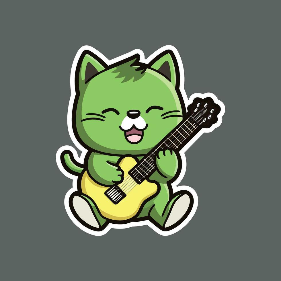 sticker of green cat playing guitar vector