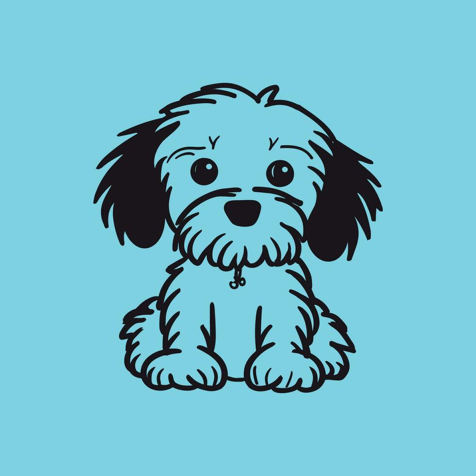 Vector isolated cute cartoon small maltipu puppy black line contour drawing