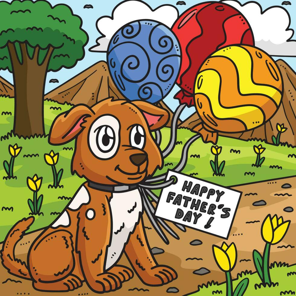 Fathers Day Dog with Balloons Colored Cartoon vector