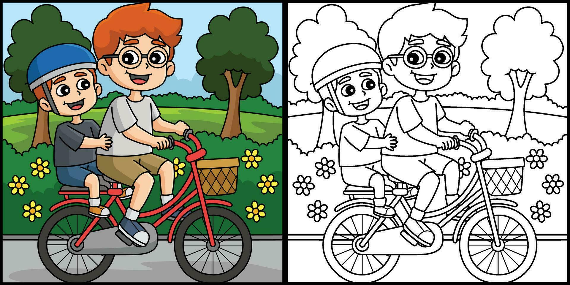 padre y hijo montando un bicicleta colorante ilustración vector