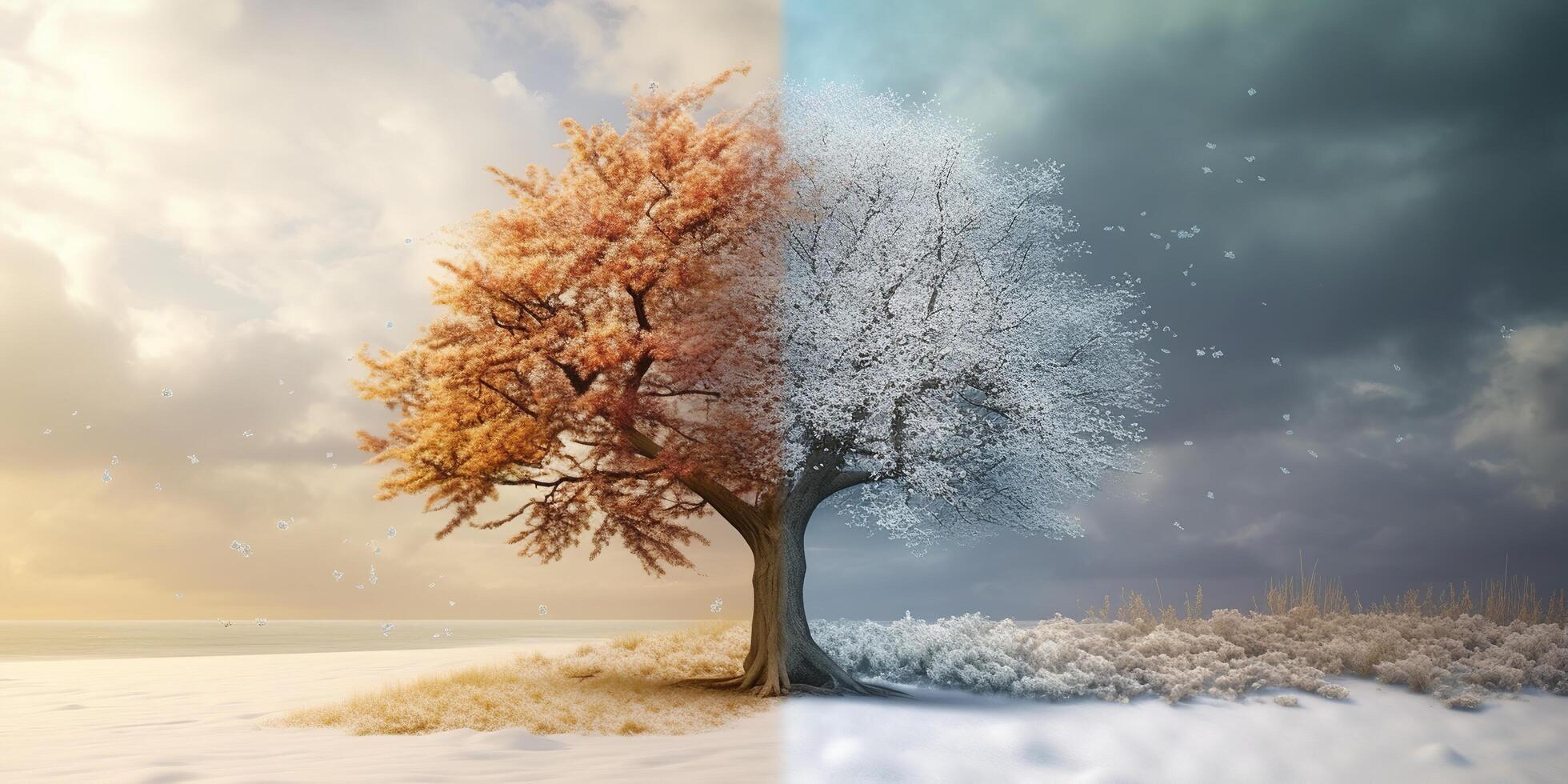 árbol con lado invierno y verano, ai generado foto