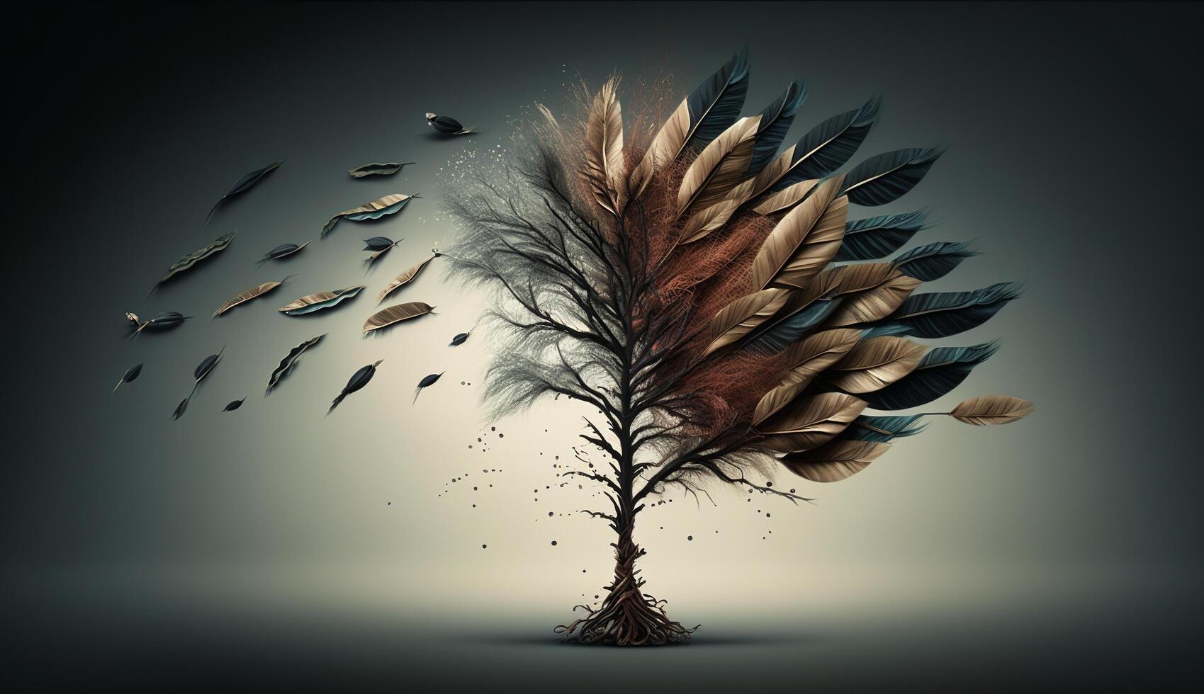 Abstract background with tree and feather, AI Generated photo