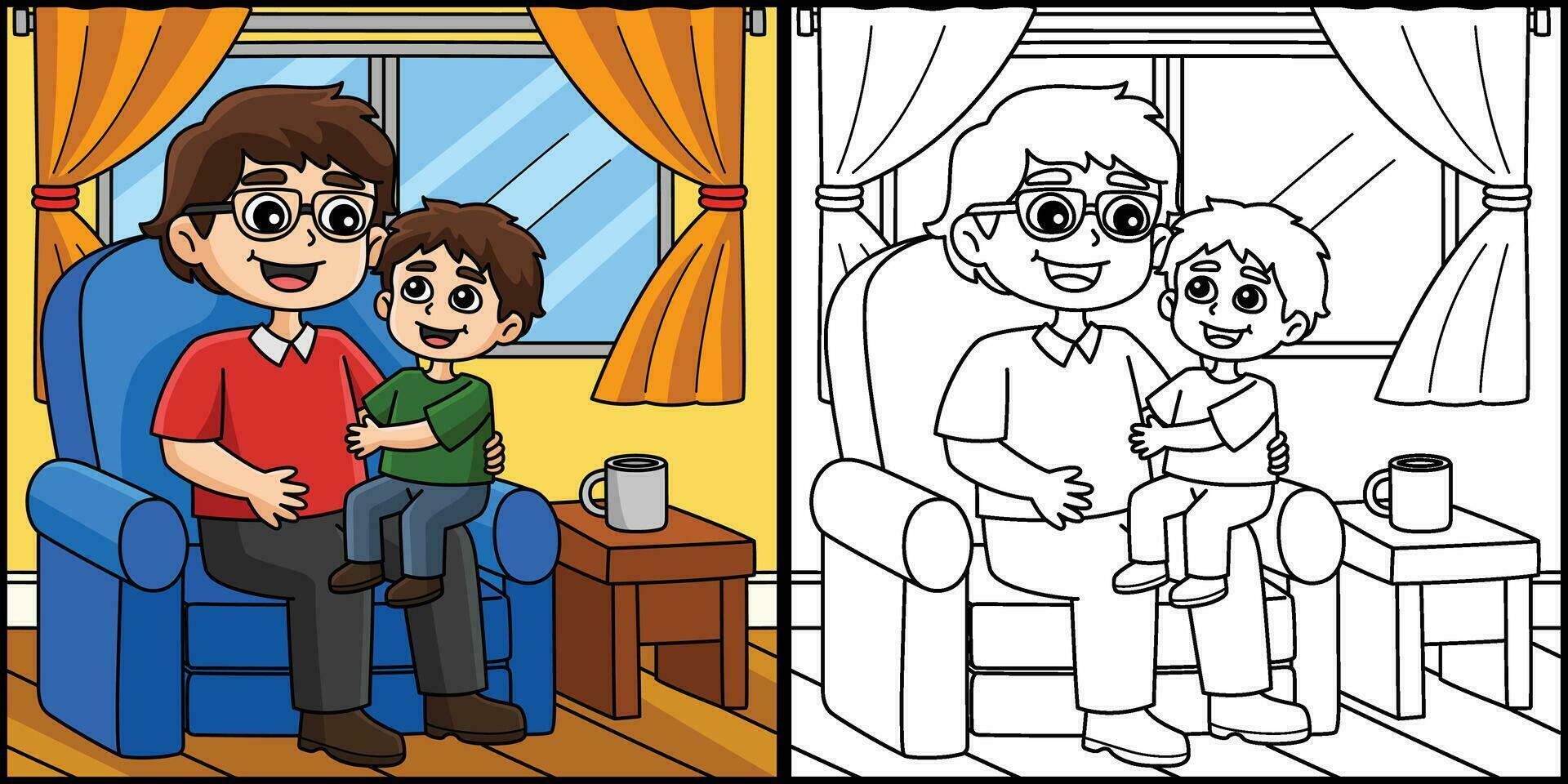 hijo sentado en padres regazo colorante ilustración vector