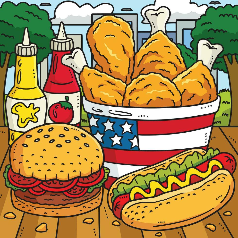 4th Of July Traditional Food Colored Cartoon vector