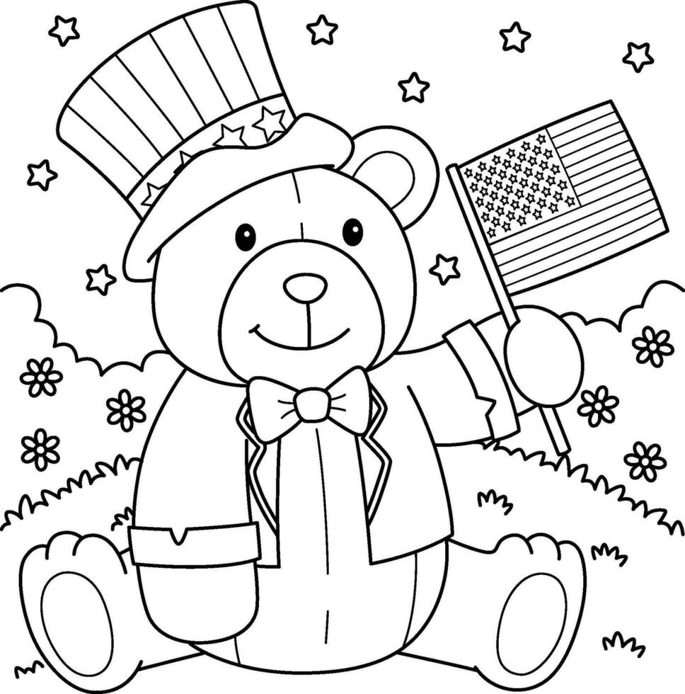 4th of July Teddy Bear with US Flag Coloring Page vector