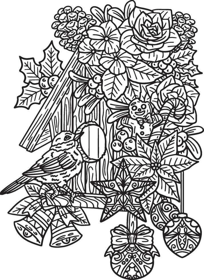 Christmas Bird House Isolated Adults Coloring Page vector