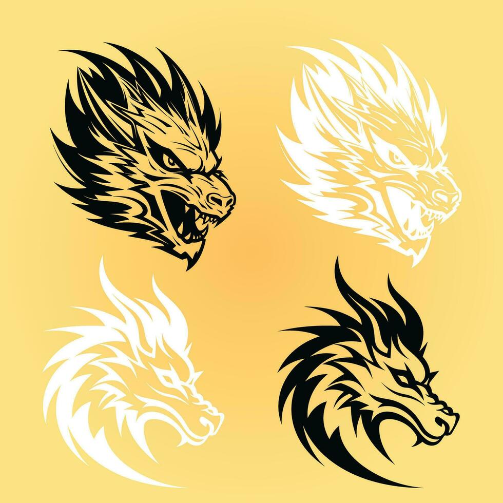 set of four black dragon head vector illustration