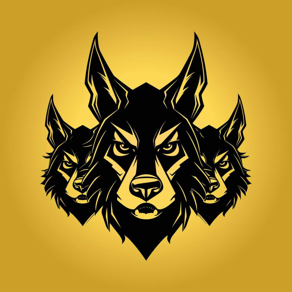three black wolf head on yellow background vector