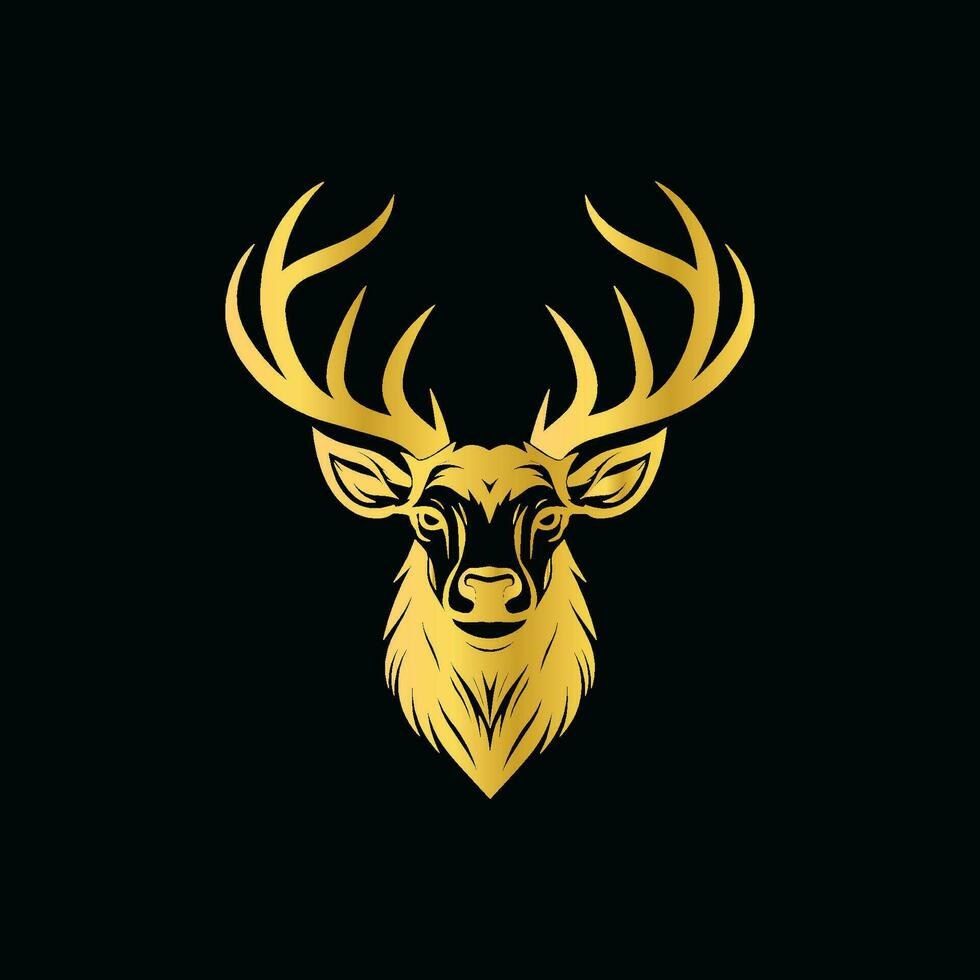 golden deer head, deer line art on black background vector