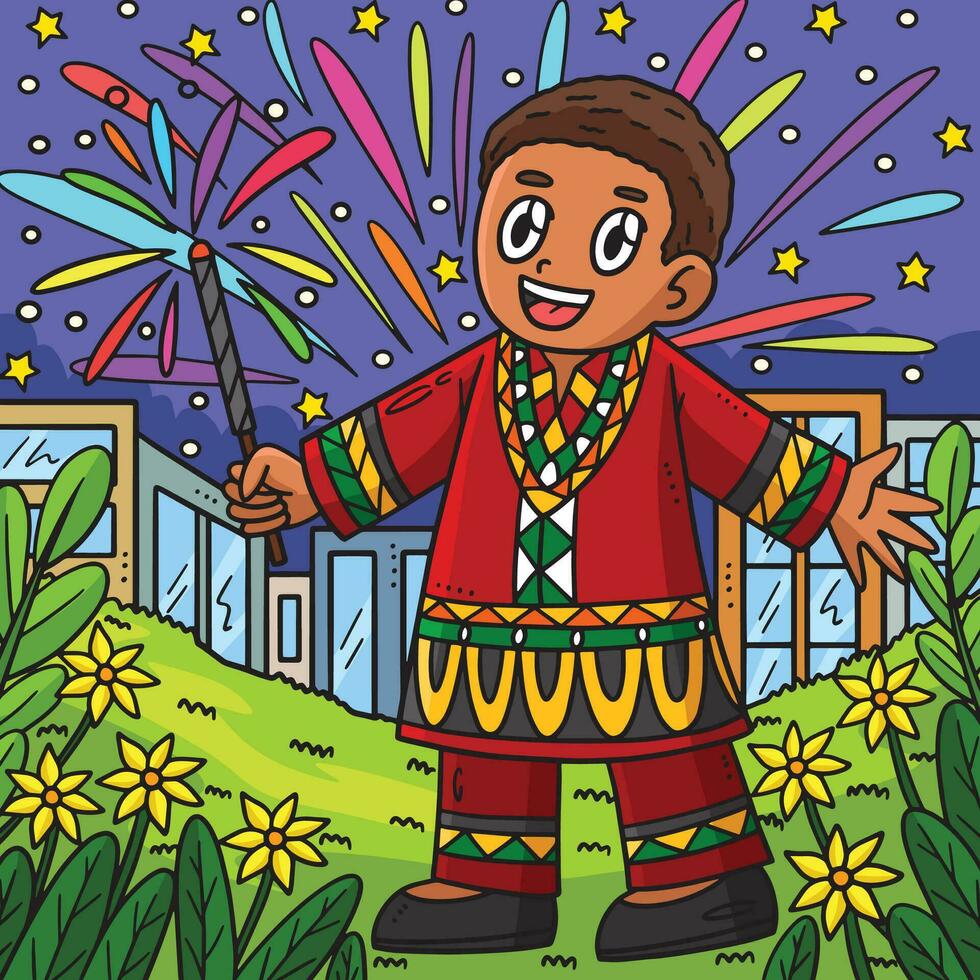 diecinueve de junio chico y fuegos artificiales de colores dibujos animados vector