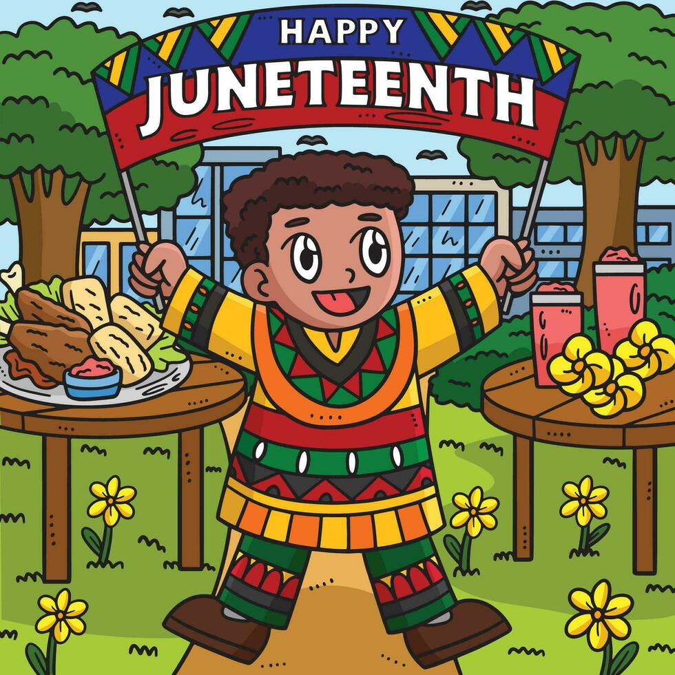 Happy Juneteenth Boy Holding Banner Colored vector