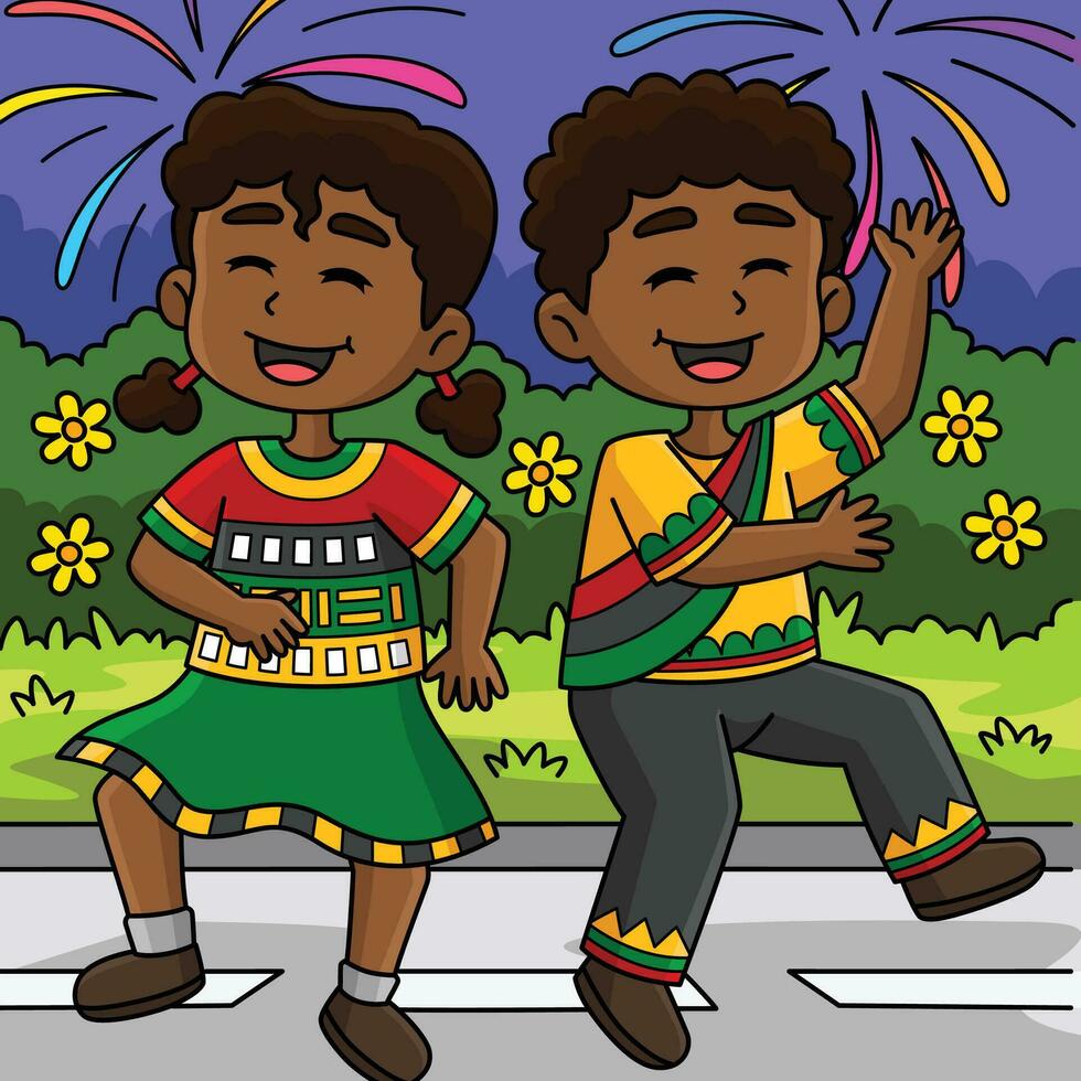 chico y niña bailando en diecinueve de junio de colores dibujos animados vector