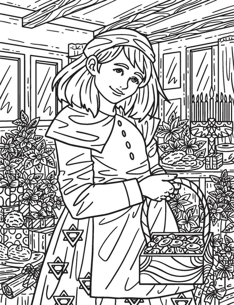 Hanukkah Girl Carrying Basket Adults Coloring Page vector