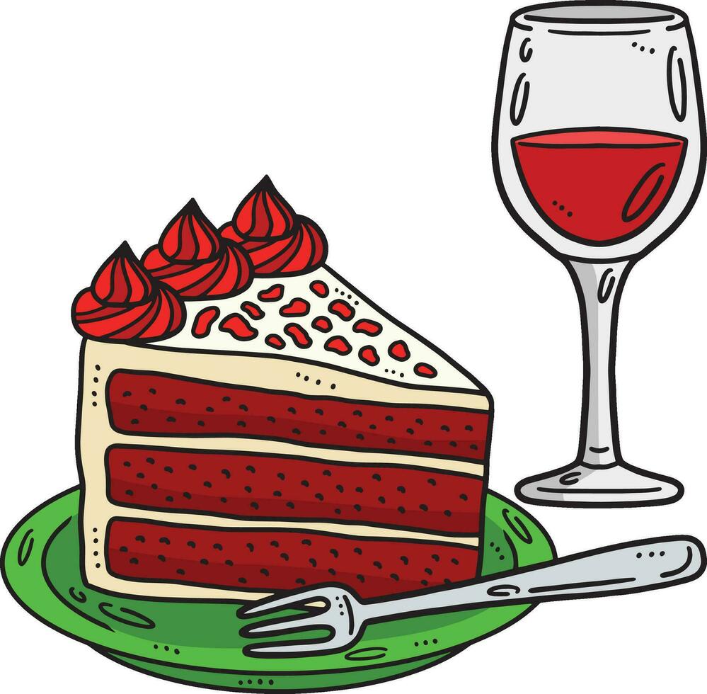 Slice Cake with Glass of Wine Cartoon Clipart vector