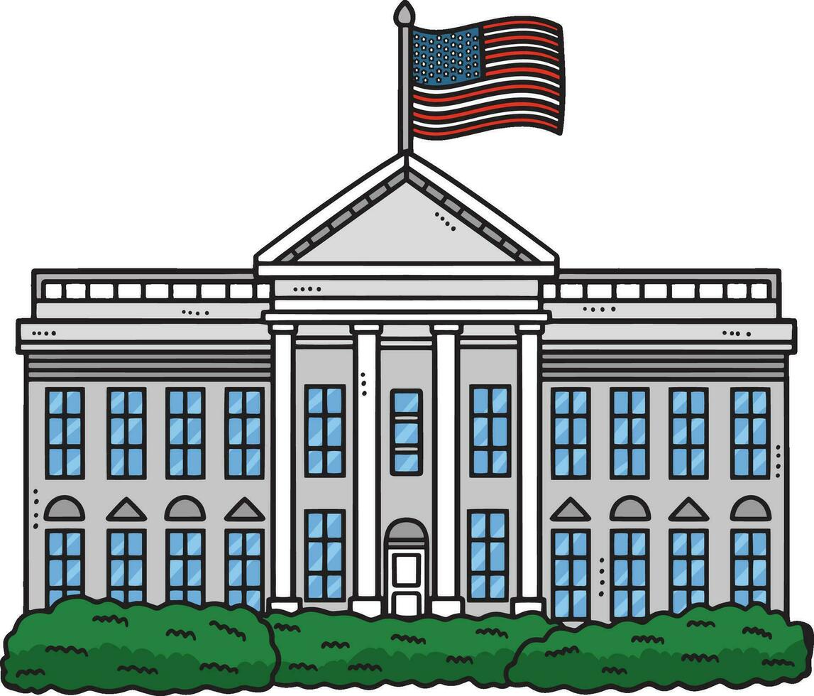 The White House with Garden Bush Cartoon Clipart vector