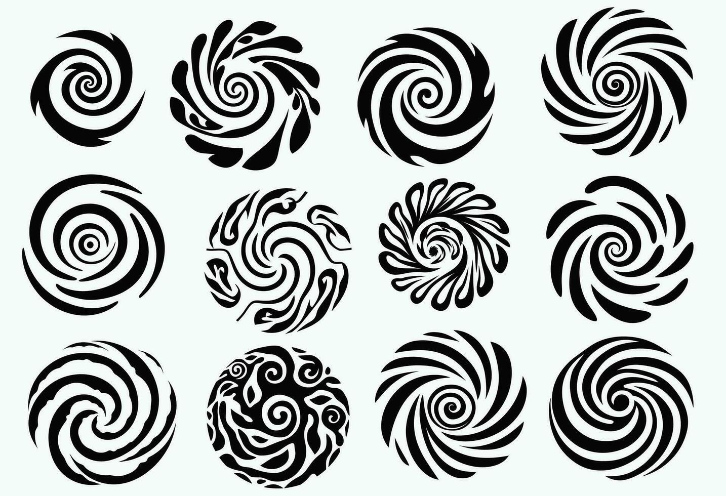 negro y blanco diseño de un resumen espiral, en el estilo de núcleo de jugador, tropical simbolismo, japonés minimalismo, núcleo cambiante, clima, personal iconografía, céltico Arte vector