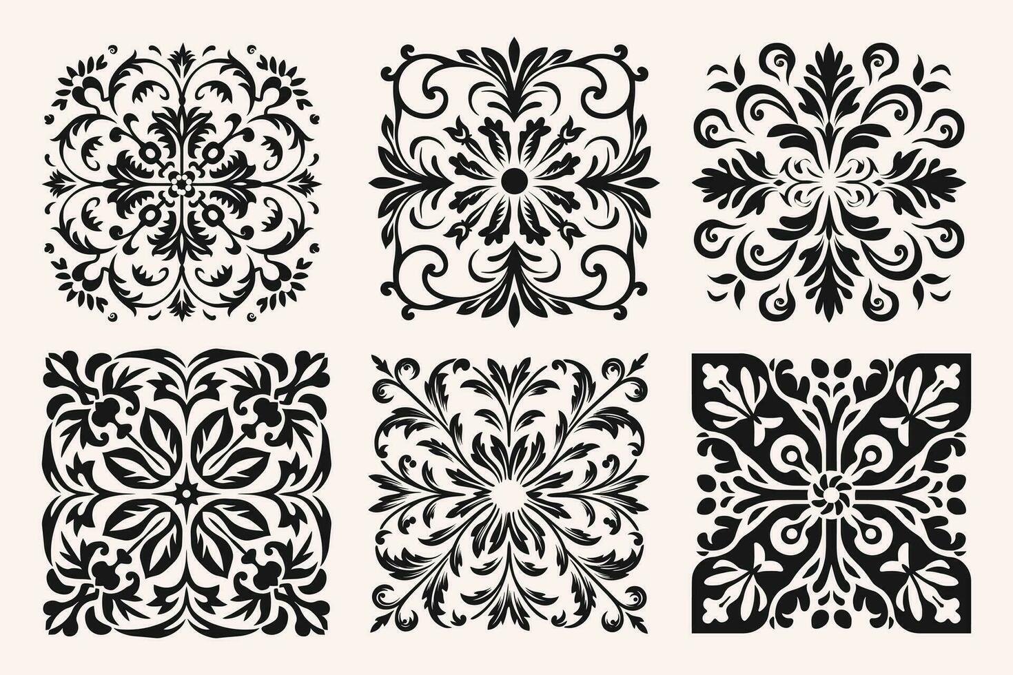 decorative black and white mosaic tile stencil, in the style of ornate baroque, rounded, floral, simple vector