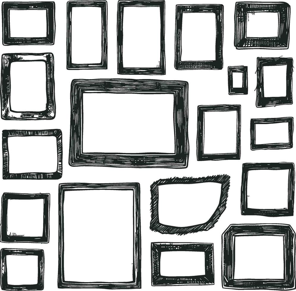 Vector Illustration of Empty Grunge Square and Rectangle Frames with Ink Black Boxes, Rubber Stamp Imprints, and Rectangle Borders Collection Isolated on White Background