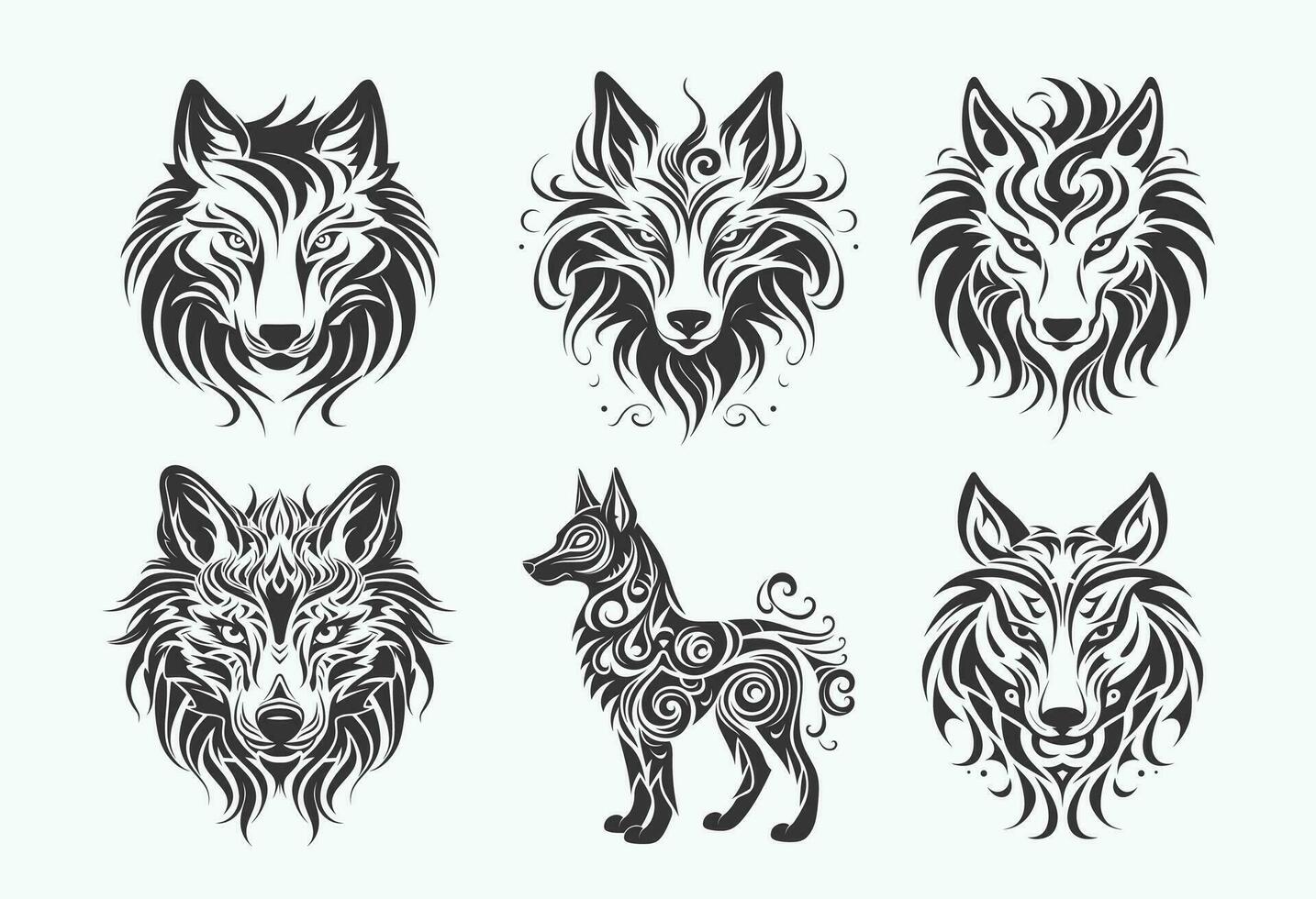 tribal wolf tattoo stock vector, in the style of minimalist black and white, graphical vector