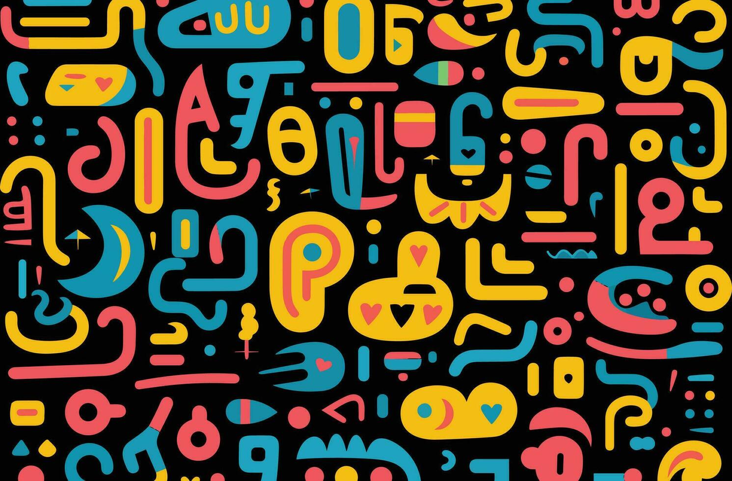 modern style pattern of colored fonts on a black background, in the style of organic shapes and curved lines, happy expressionism, pop-inspired lines, geometric shape vector