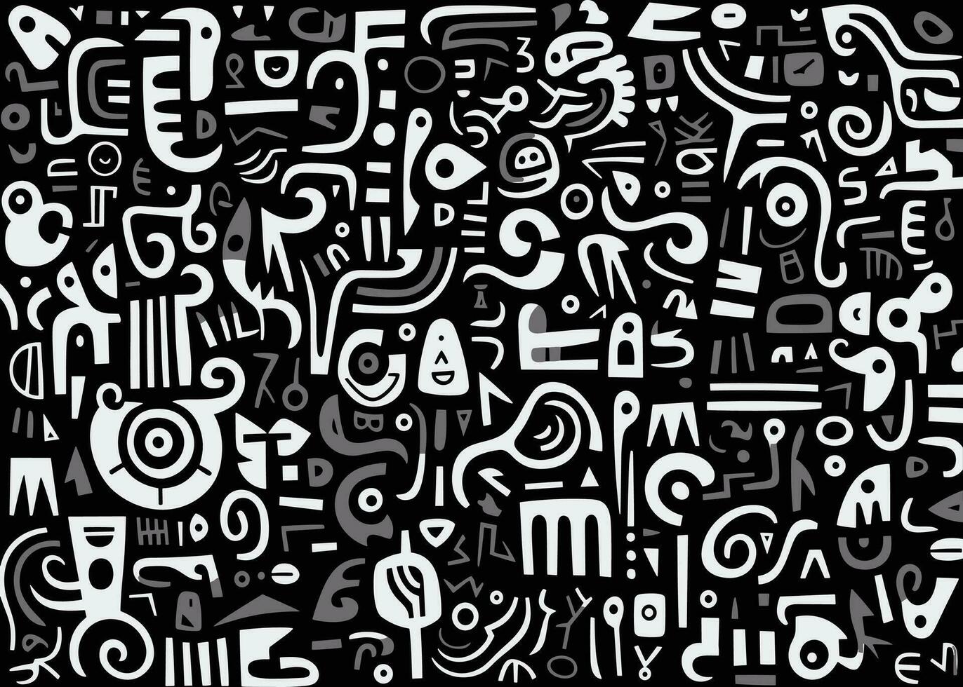 abstract pattern in black and white with various shapes and symbols, in the style of afro-colombian themes, freeform minimalism, texture-rich, expansive vector