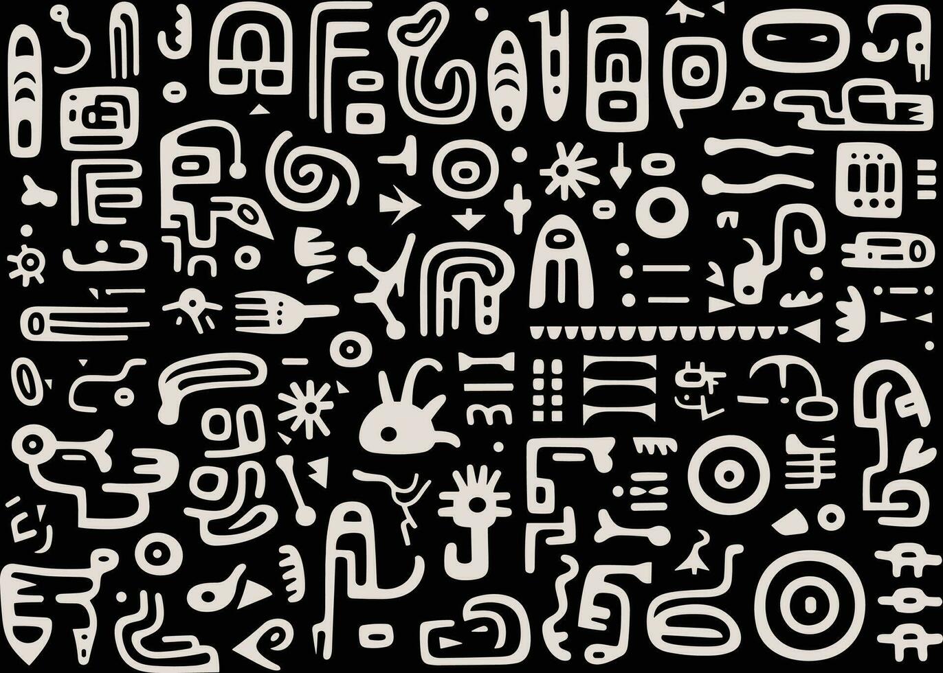 abstract pattern in black and white with various shapes and symbols, in the style of afro-colombian themes, freeform minimalism, texture-rich, expansive vector