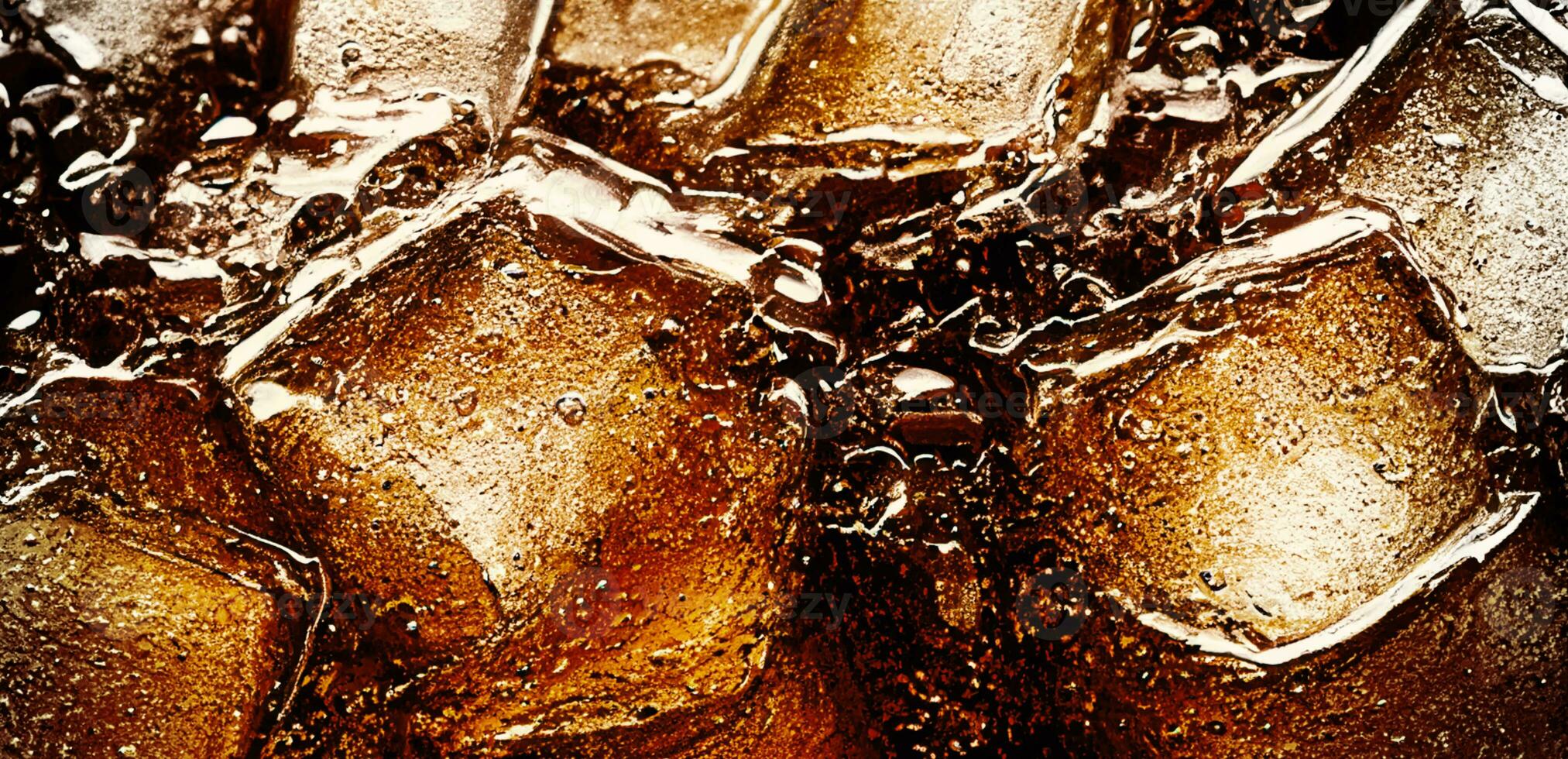 Cola with Ice. Close up of the ice cubes in cola water. Texture of carbonate drink with bubbles in glass. Cola soda and ice splashing fizzing or floating up to top of surface. Cold drink background. photo