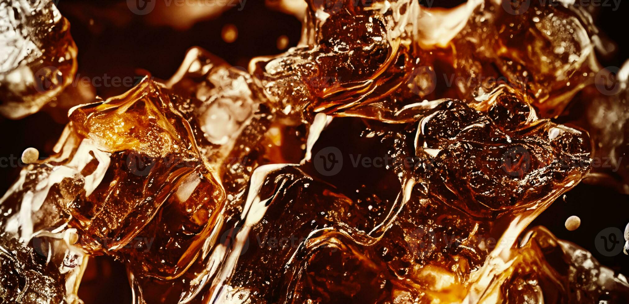 Cola with Ice. Close up of the ice cubes in cola water. Texture of carbonate drink with bubbles in glass. Cola soda and ice splashing fizzing or floating up to top of surface. Cold drink background. photo