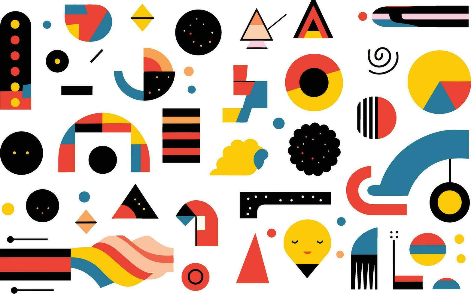 vector abstract geometric icons, geometric shapes, in the style of pop art graphic style, detailed background elements, memphis design, precise and sharp, raw texture, elongated shapes, thick texture