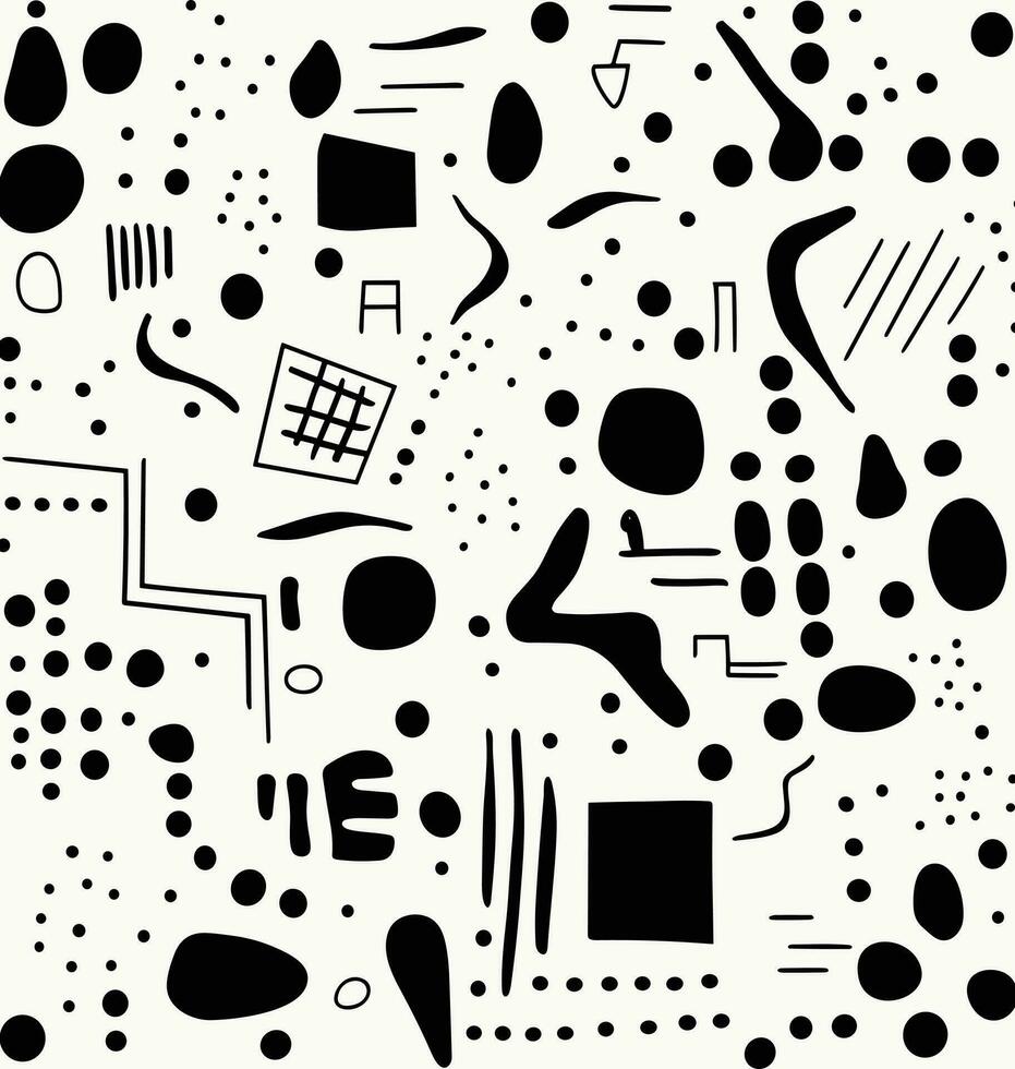 black and white pattern with different shapes, in the style of memphis design, confetti-like dots, simplistic characters, chaotic academia, creased, thin steel forms, primitivist style vector