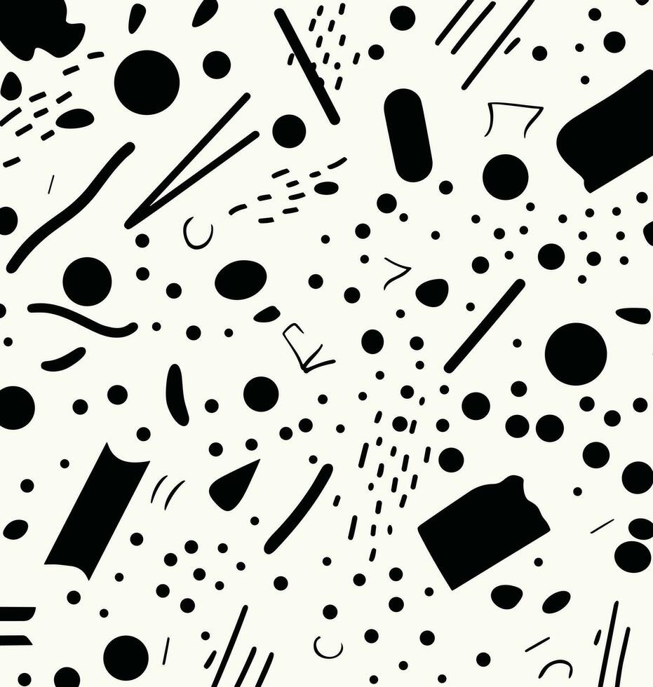 black and white pattern with different shapes, in the style of memphis design, confetti-like dots, simplistic characters, chaotic academia, creased, thin steel forms, primitivist style vector