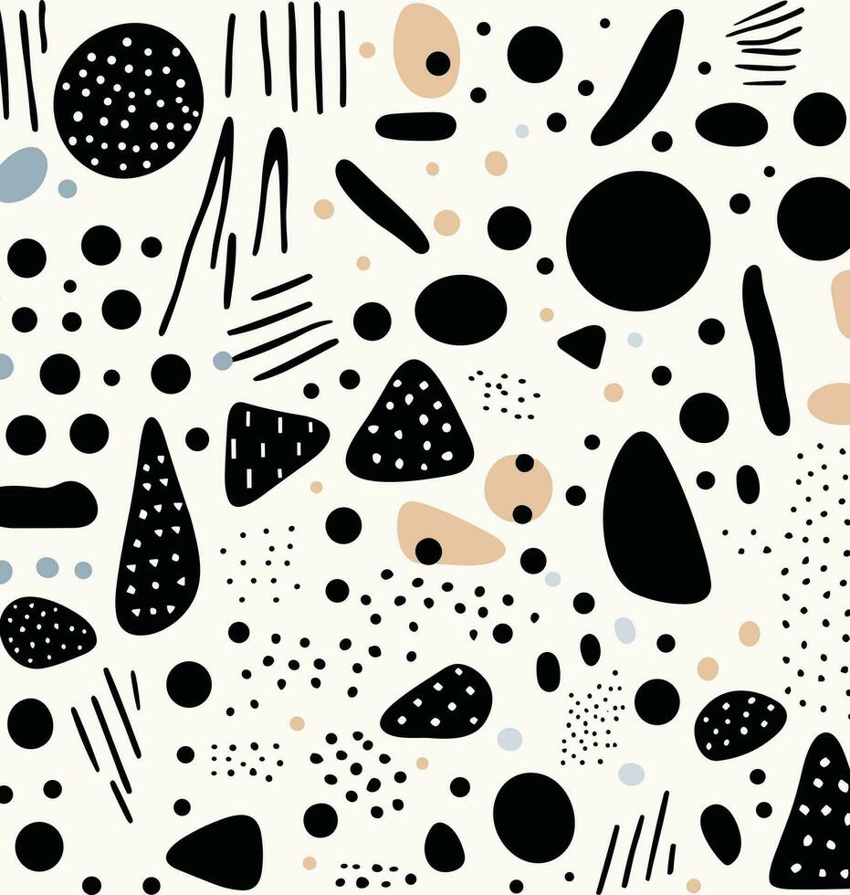 black and white pattern with different shapes, in the style of memphis design, confetti-like dots, simplistic characters, chaotic academia, creased, thin steel forms, primitivist style vector