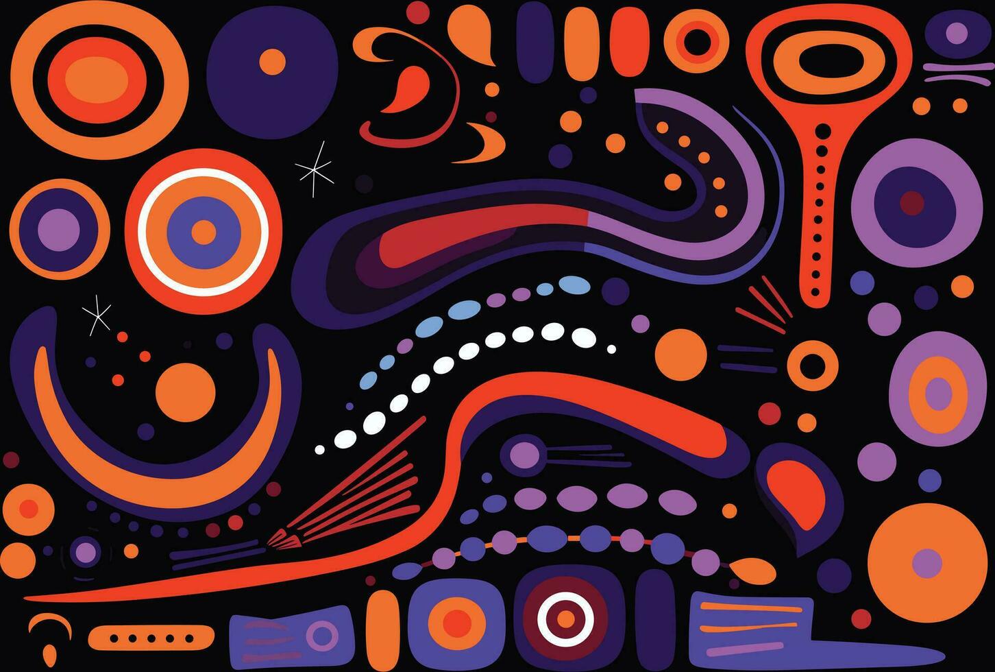 illustration of various abstract shapes and colored designs, in the style of dark violet and orange, bold patterns, abstract minimalism appreciator, laurel burch vector