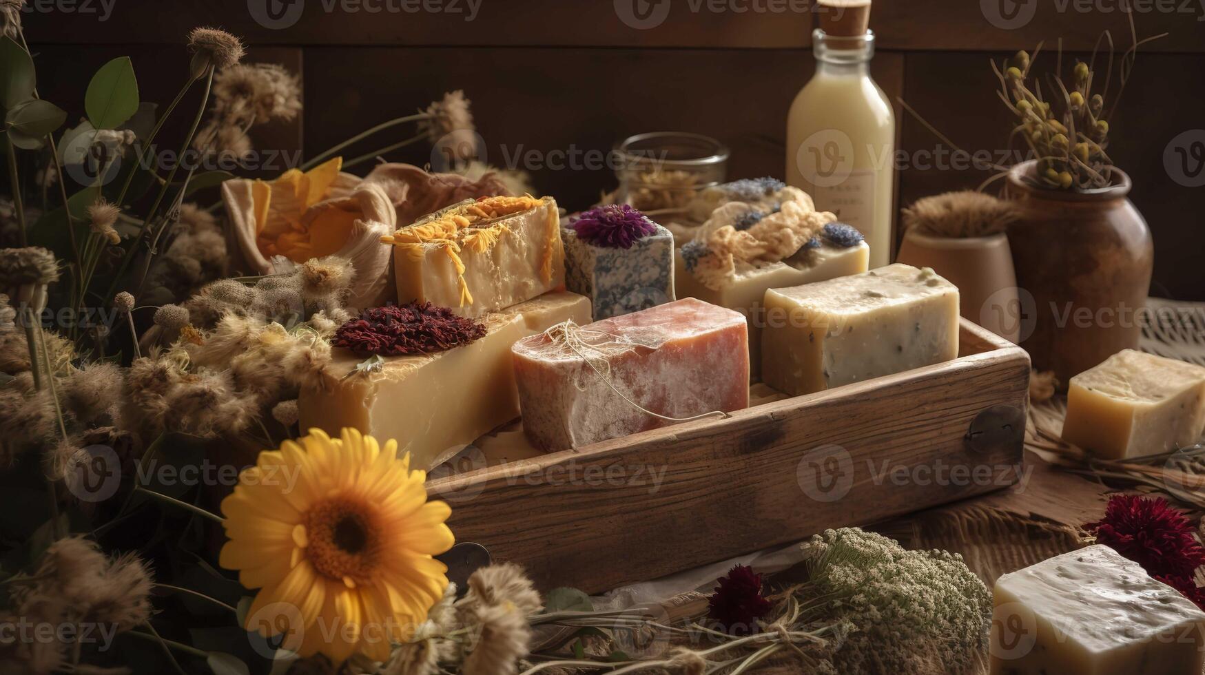 Natural Handmade Soaps With Dried Flowers On Burlap photo