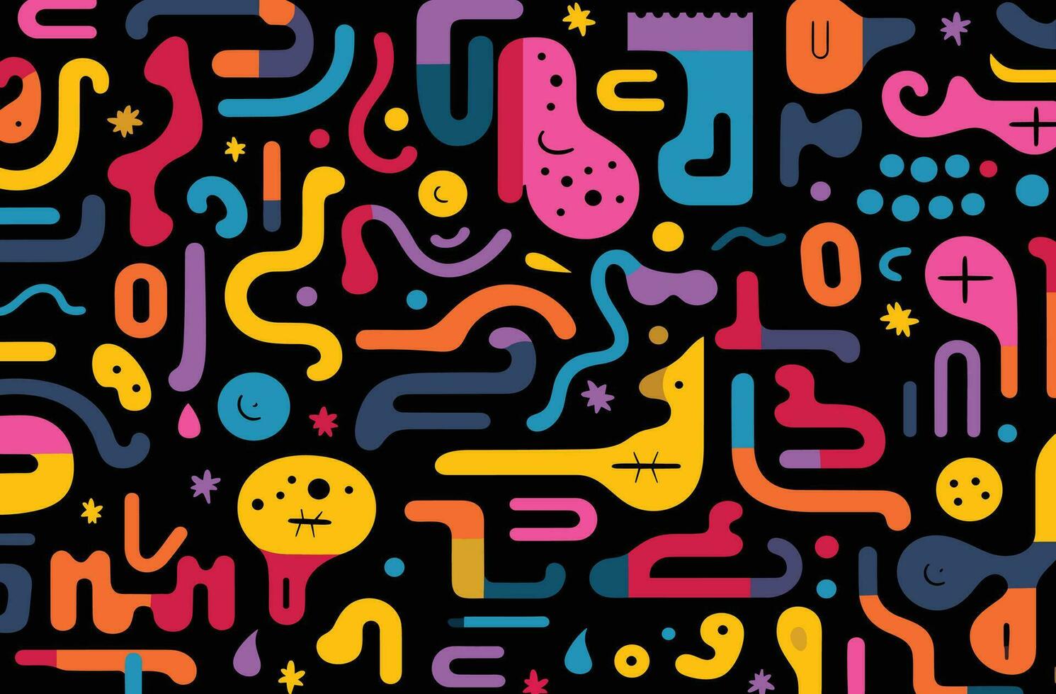 modern style pattern of colored fonts on a black background, in the style of organic shapes and curved lines, happy expressionism, pop-inspired lines, geometric shape vector