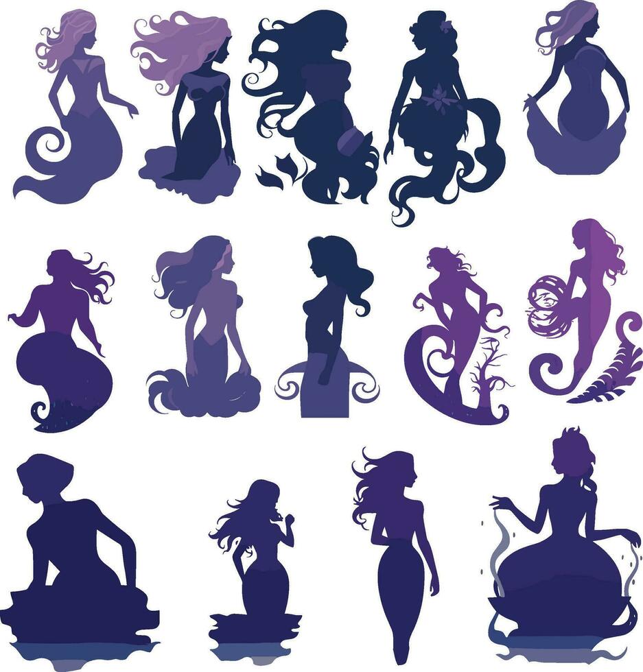 various set of mermaid silhouettes on white background, in the style of dark purple and light indigo, holotone printing, wavy resin sheets, cartoon mis-en-scene, irregular shapes, curvilinear shapes vector