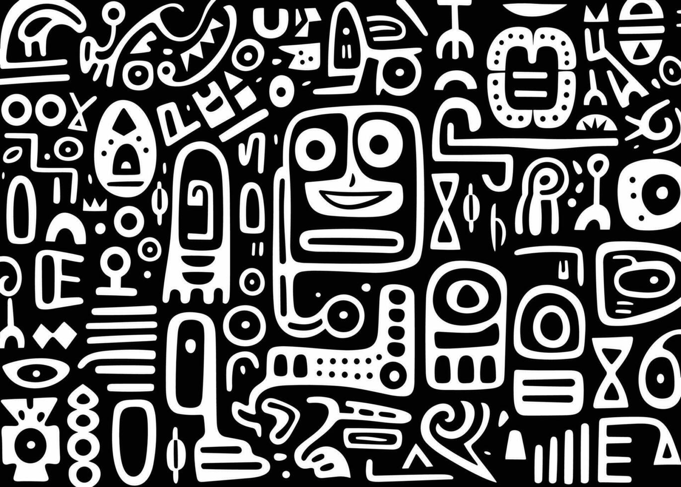 abstract pattern in black and white with various shapes and symbols, in the style of afro-colombian themes, freeform minimalism, texture-rich, expansive vector